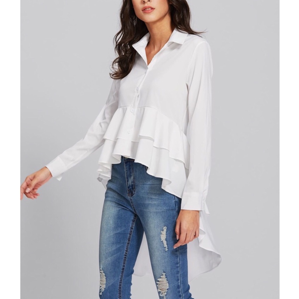 White High Low Ruffles Hem Button Down Blouse - Picture 2 of 6